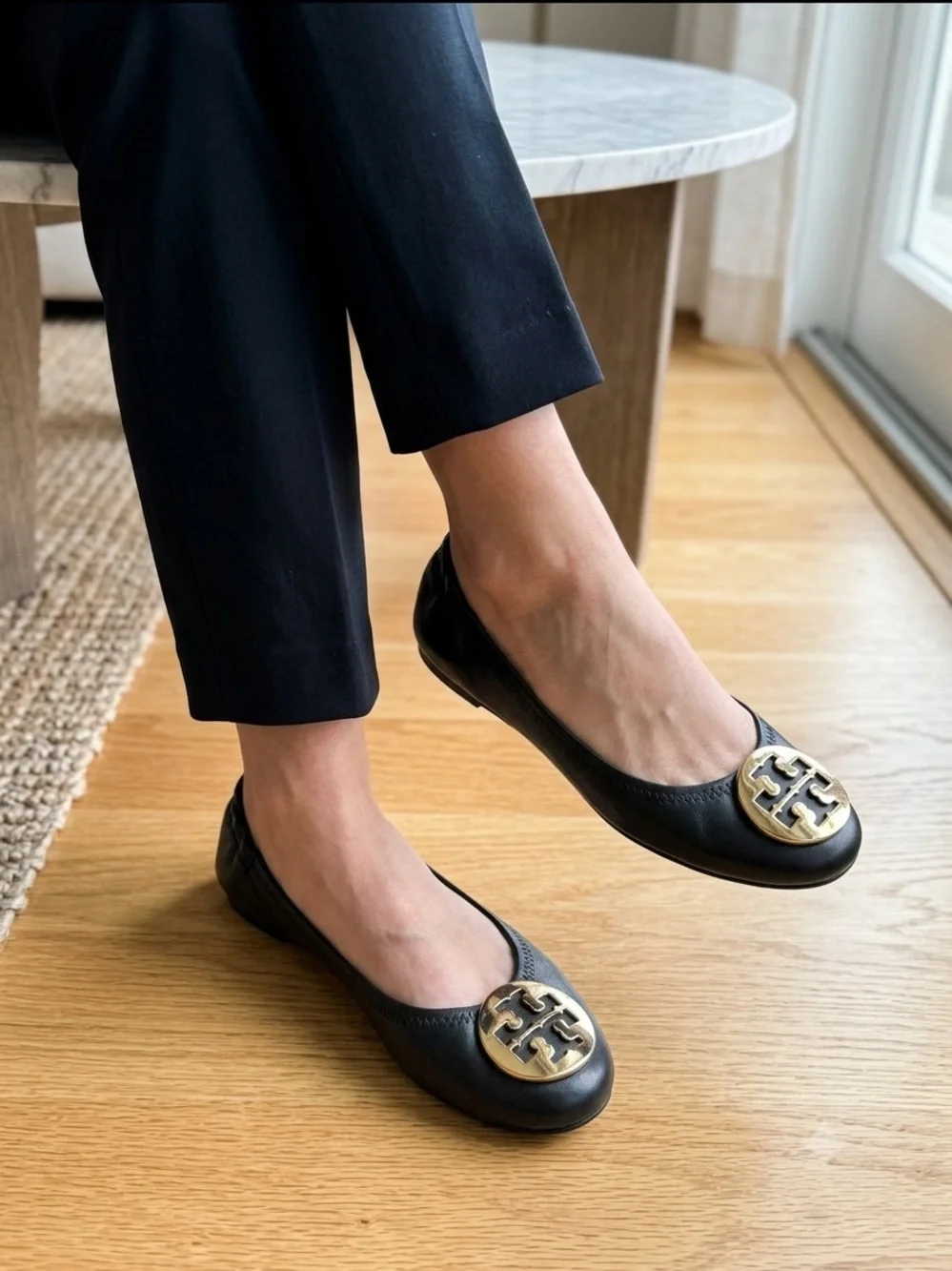 Tory Burch Black Leather Ballet Flats with Gold Logo Emblem